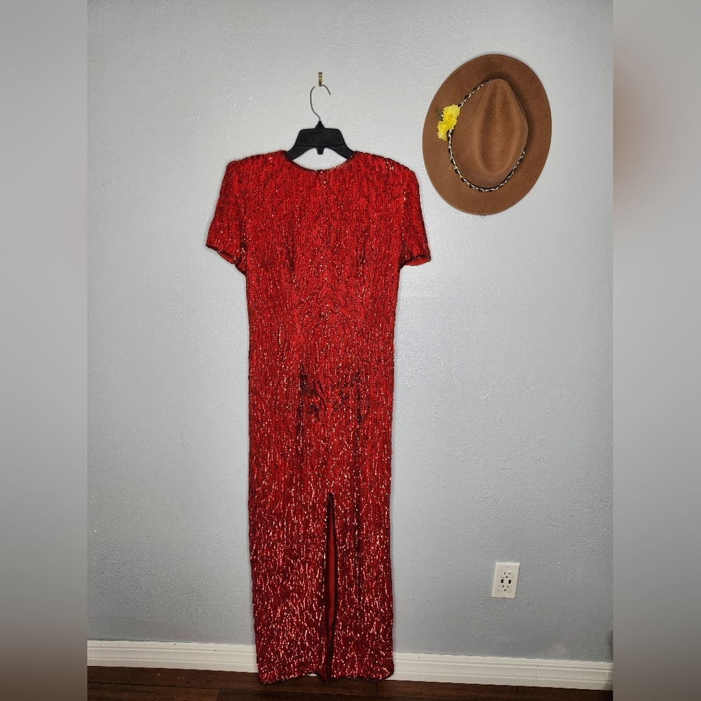 Stenay Size 12 Silk Vintage Red Sequin Maxi Dress - Picture 3 of 6